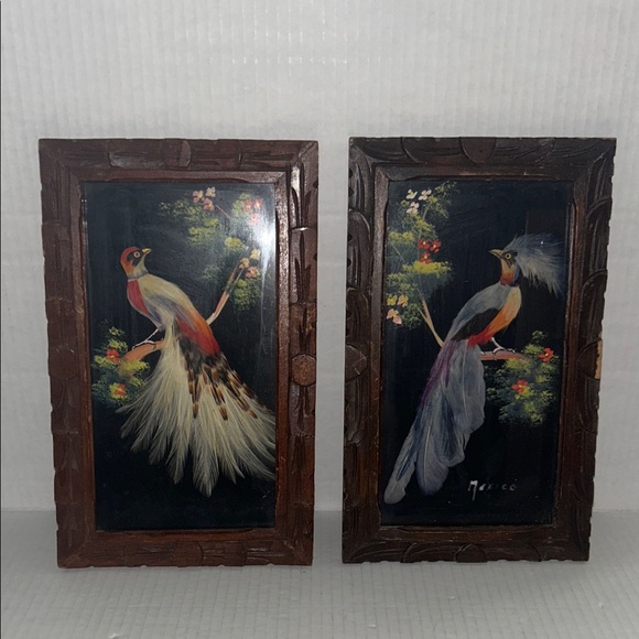 Handcrafted Mexican Wooden Framed Bird Feather Wall Art Decor Vintage Set of 2 - Picture 1 of 6